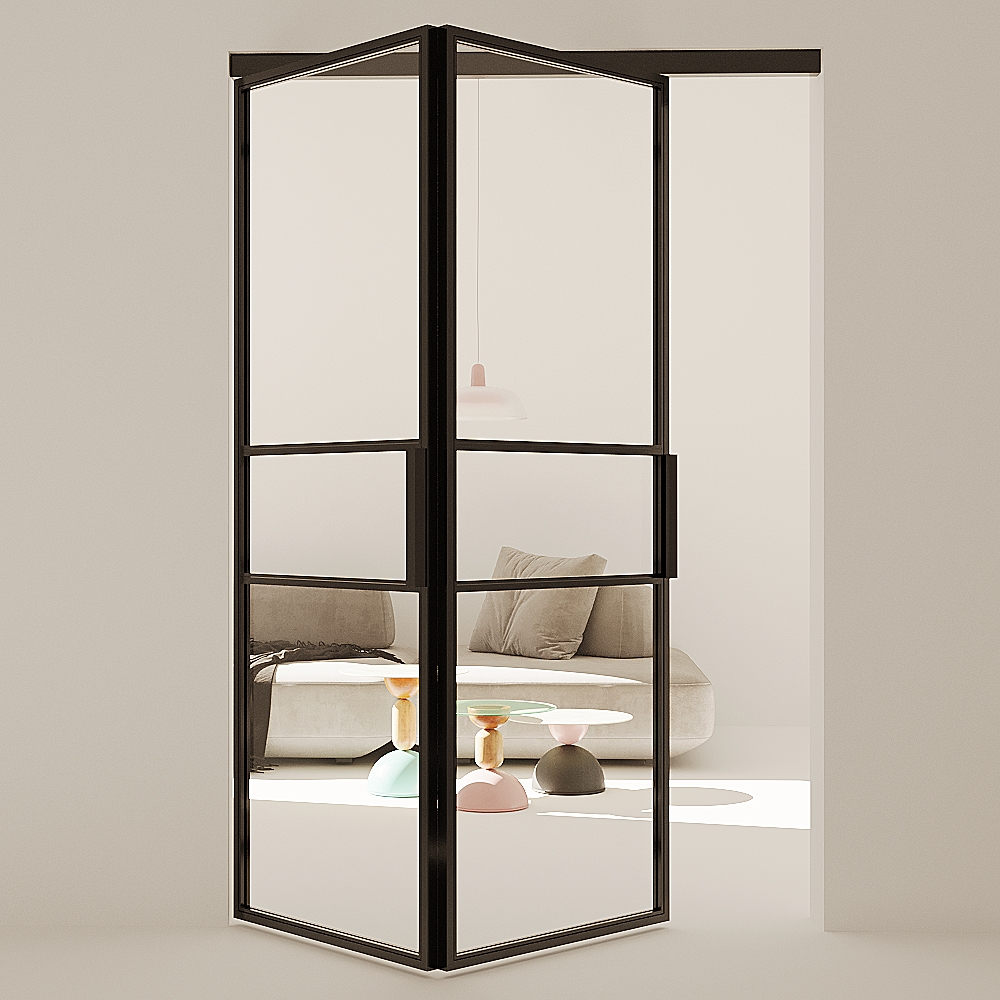 Steel and glass bifold internal door — fully open showing complete clearance